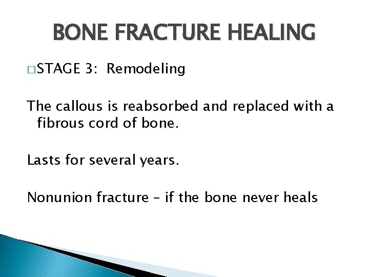 BONE FRACTURE HEALING � STAGE 3: Remodeling The callous is reabsorbed and replaced with