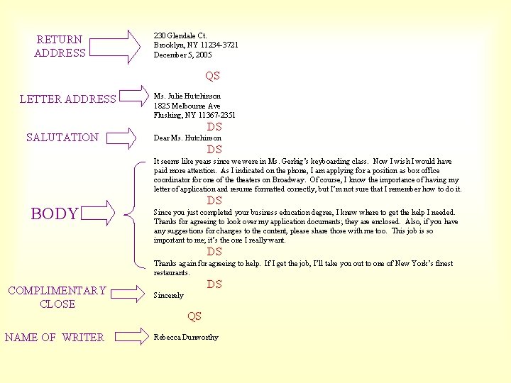 RETURN ADDRESS 230 Glendale Ct. Brooklyn, NY 11234 -3721 December 5, 2005 QS LETTER