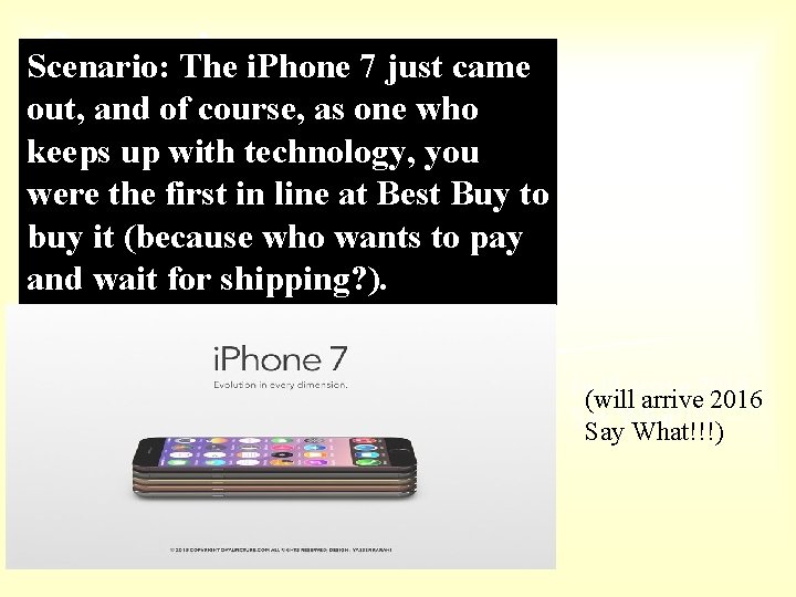 Scenario: The i. Phone 7 just came out, and of course, as one who