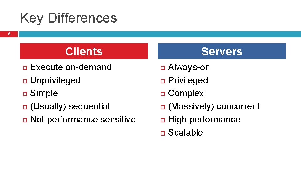 Key Differences 6 Clients Execute on-demand Unprivileged Simple (Usually) sequential Not performance sensitive Servers