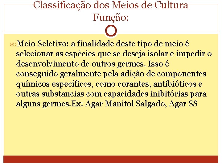 Classificação dos Meios de Cultura Função: Meio Seletivo: a finalidade deste tipo de meio