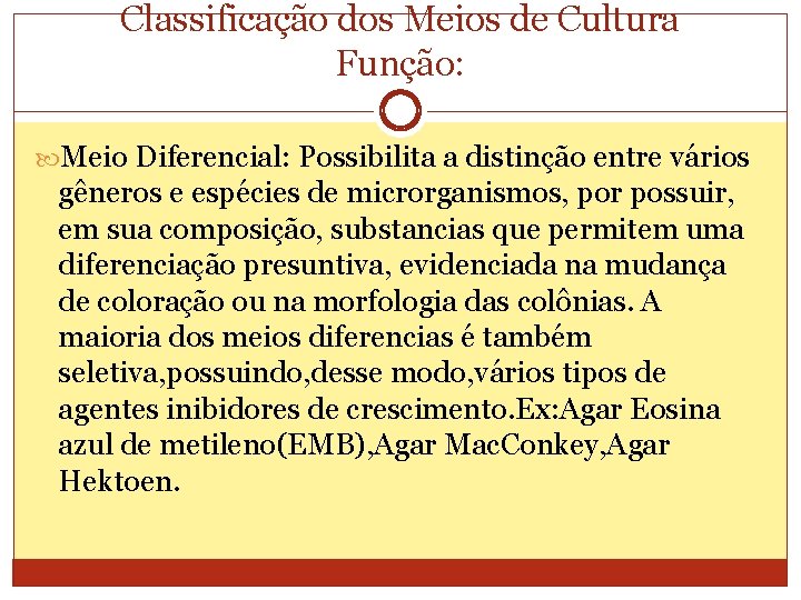 Classificação dos Meios de Cultura Função: Meio Diferencial: Possibilita a distinção entre vários gêneros