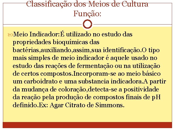 Classificação dos Meios de Cultura Função: Meio Indicador: É utilizado no estudo das propriedades