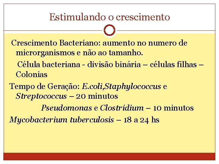 Estimulando o crescimento Crescimento Bacteriano: aumento no numero de microrganismos e não ao tamanho.