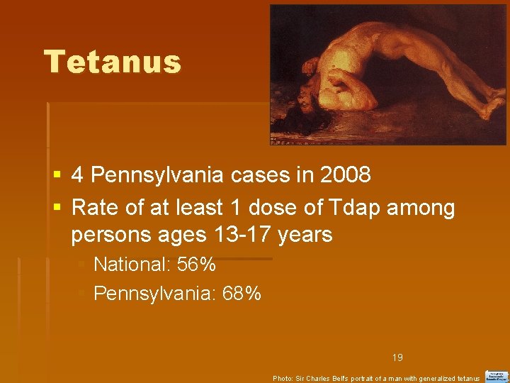 Tetanus 4 Pennsylvania cases in 2008 Rate of at least 1 dose of Tdap