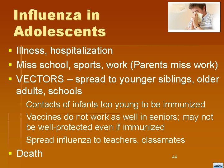 Influenza in Adolescents Illness, hospitalization Miss school, sports, work (Parents miss work) VECTORS –