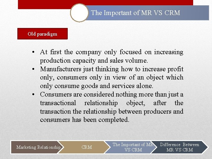 The Important of MR VS CRM Old paradigm • At first the company only