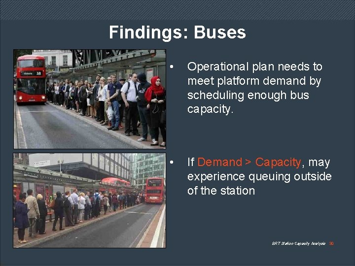 Findings: Buses • Operational plan needs to meet platform demand by scheduling enough bus