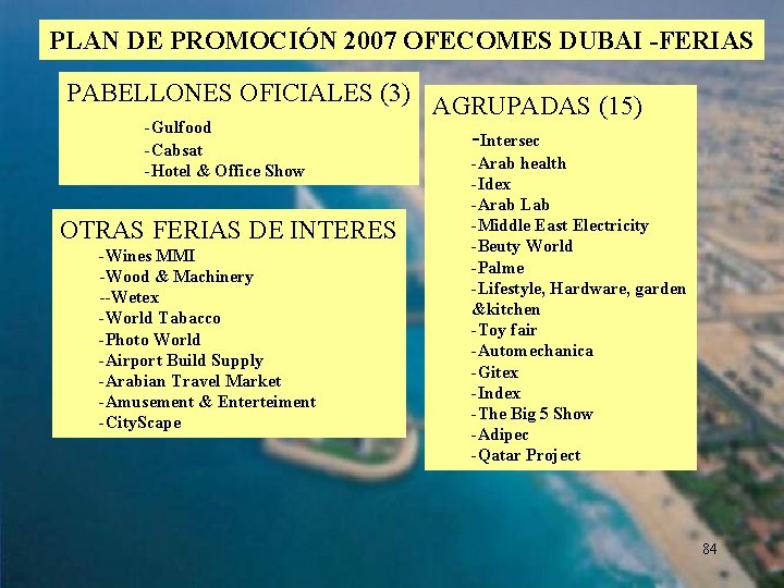 PLAN DE PROMOCIÓN 2007 OFECOMES DUBAI -FERIAS PABELLONES OFICIALES (3) -Gulfood -Cabsat -Hotel &