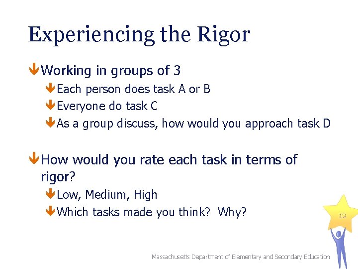 Experiencing the Rigor Working in groups of 3 Each person does task A or