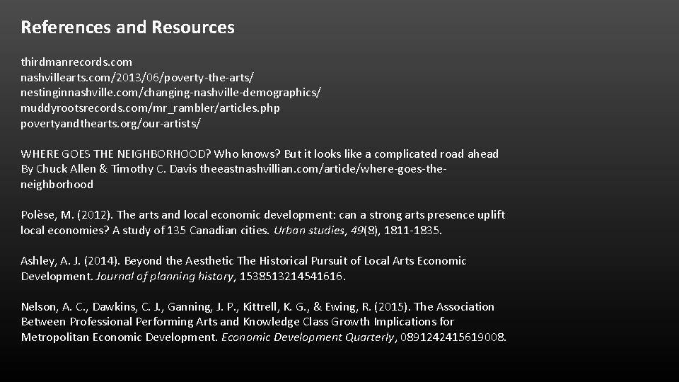 References and Resources thirdmanrecords. com nashvillearts. com/2013/06/poverty-the-arts/ nestinginnashville. com/changing-nashville-demographics/ muddyrootsrecords. com/mr_rambler/articles. php povertyandthearts. org/our-artists/