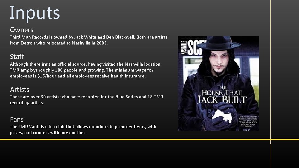 Inputs Owners Third Man Records is owned by Jack White and Ben Blackwell. Both