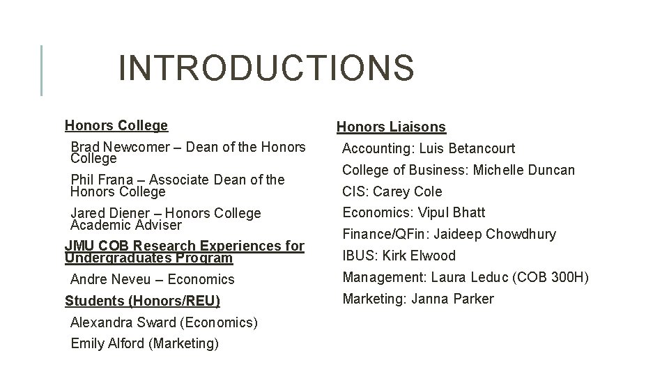 INTRODUCTIONS Honors College Honors Liaisons Brad Newcomer – Dean of the Honors College Accounting: