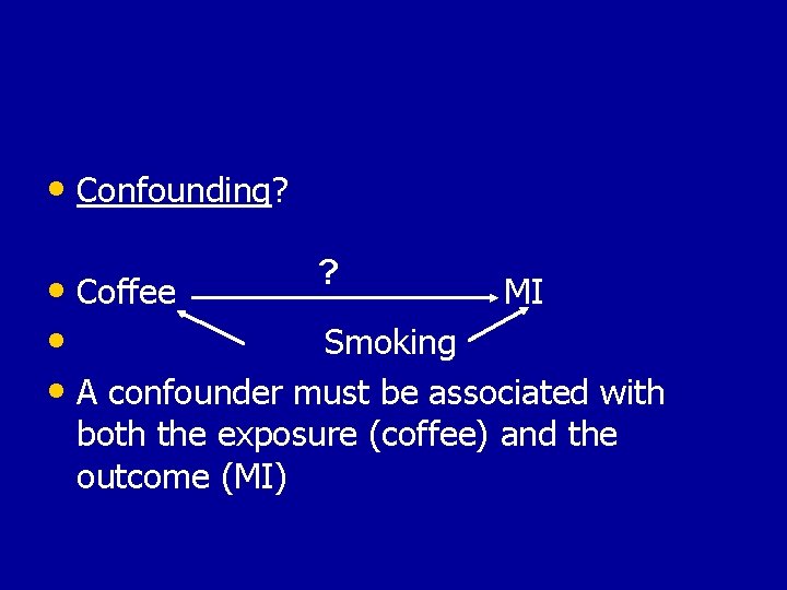  • Confounding? ? • Coffee MI • Smoking • A confounder must be