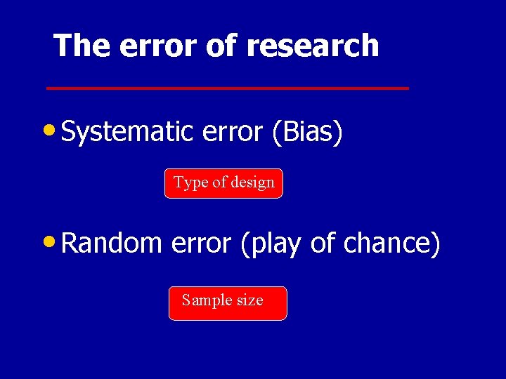 The error of research • Systematic error (Bias) Type of design • Random error