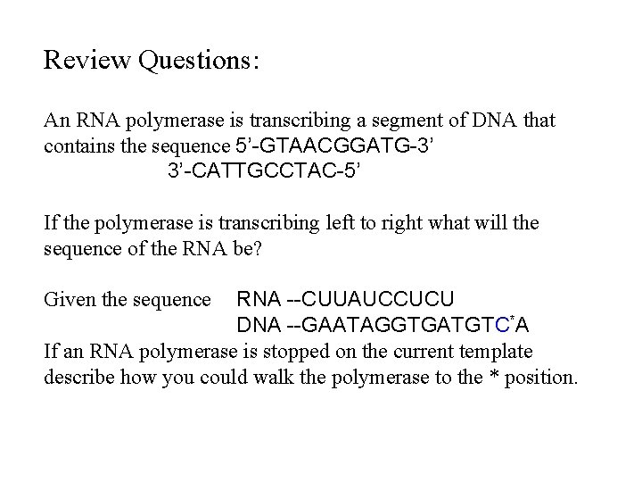 Review Questions: An RNA polymerase is transcribing a segment of DNA that contains the Review Questions: An RNA polymerase is transcribing a segment of DNA that contains the