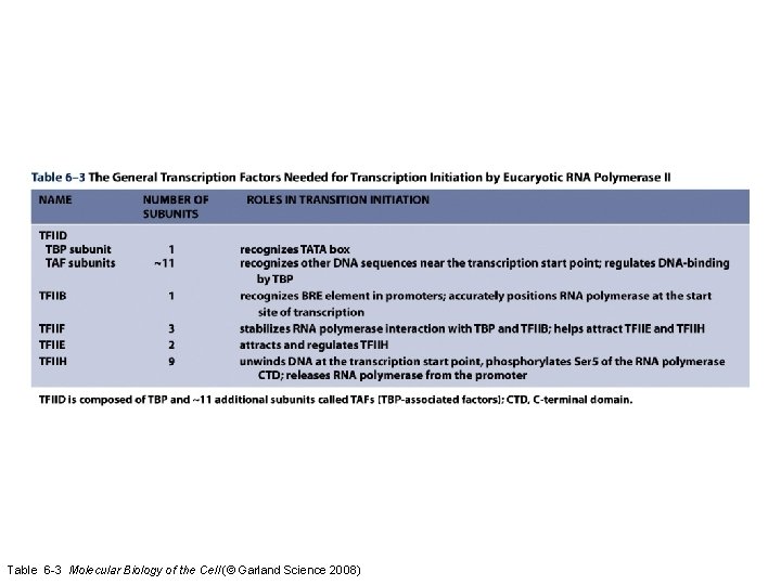 Table 6 -3 Molecular Biology of the Cell (© Garland Science 2008) Table 6 -3 Molecular Biology of the Cell (© Garland Science 2008)
