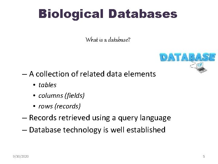 Biological Databases What is a database? – A collection of related data elements •