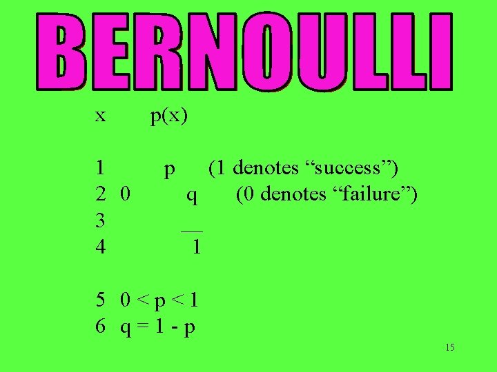 x 1 2 0 3 4 p(x) p (1 denotes “success”) q (0 denotes