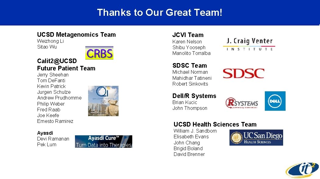 Thanks to Our Great Team! UCSD Metagenomics Team JCVI Team Weizhong Li Sitao Wu