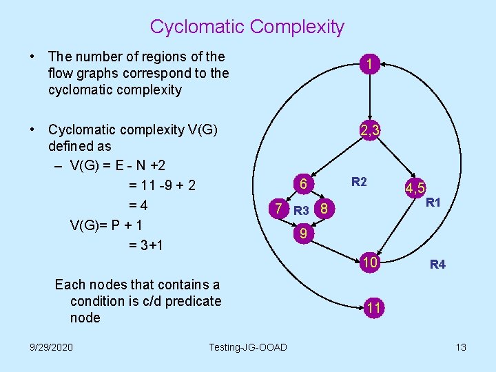 Cyclomatic Complexity • The number of regions of the flow graphs correspond to the