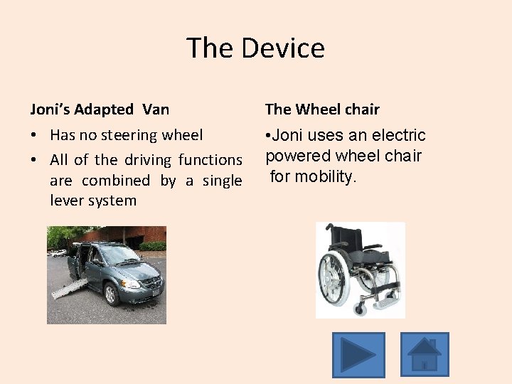 The Device Joni’s Adapted Van The Wheel chair • Has no steering wheel •