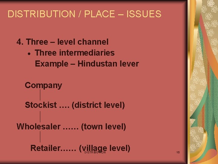 DISTRIBUTION / PLACE – ISSUES 4. Three – level channel · Three intermediaries Example
