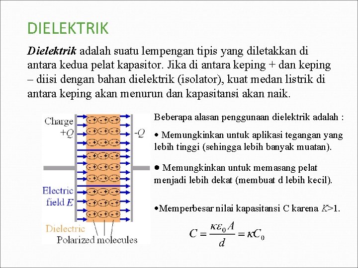 DIELEKTRIK Dielektrik adalah suatu lempengan tipis yang diletakkan di antara kedua pelat kapasitor. Jika