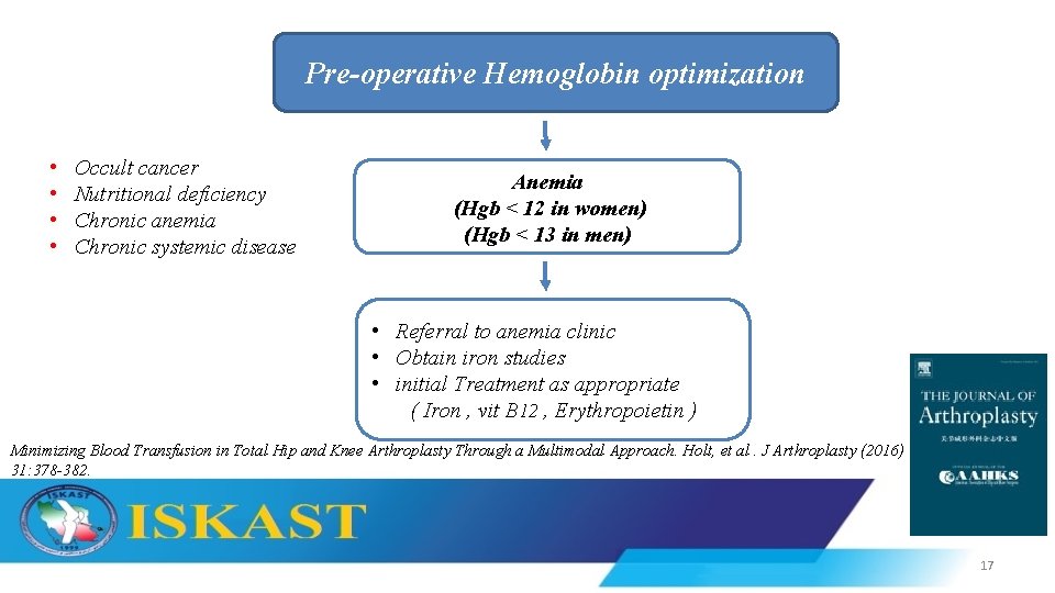 Pre-operative Hemoglobin optimization • • Occult cancer Nutritional deficiency Chronic anemia Chronic systemic disease
