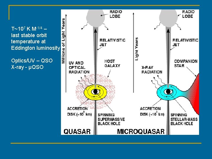 T~107 K M-1/4 – last stable orbit temperature at Eddington luminosity Optics/UV – QSO