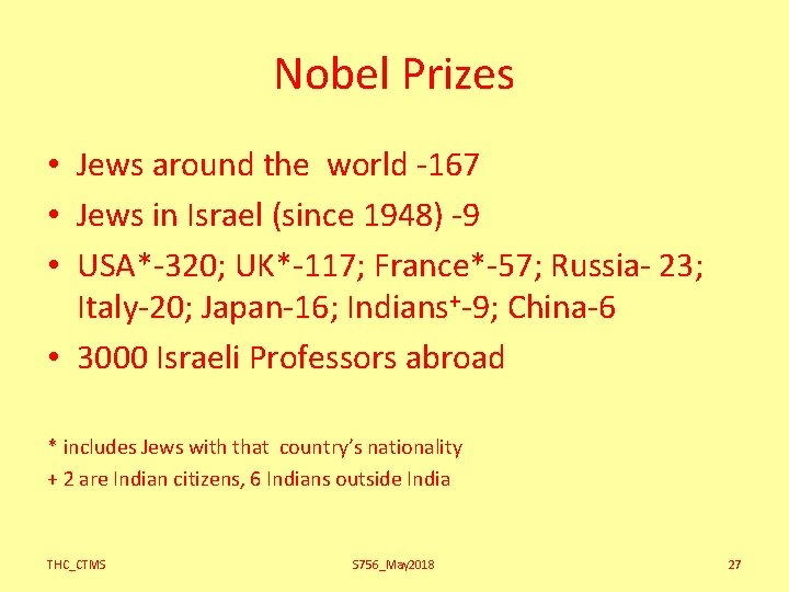 Nobel Prizes • Jews around the world -167 • Jews in Israel (since 1948)