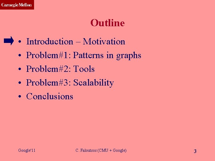 CMU SCS Outline • • • Introduction – Motivation Problem#1: Patterns in graphs Problem#2: