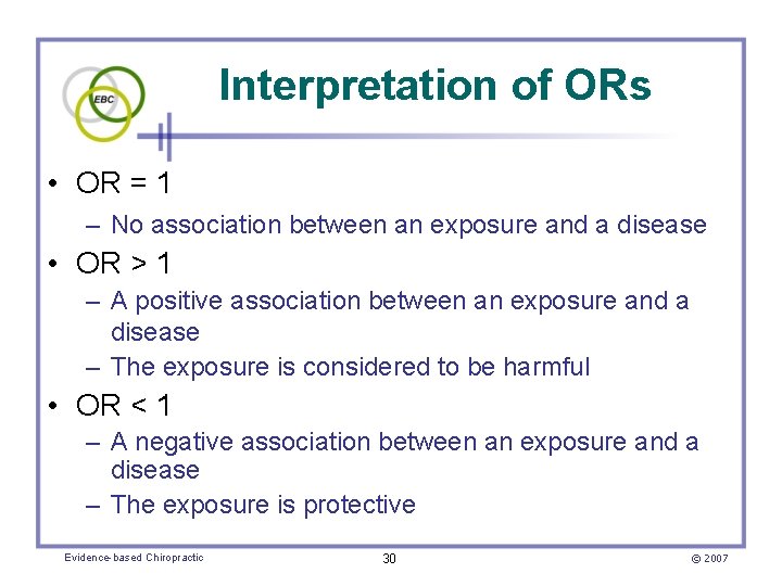 Interpretation of ORs • OR = 1 – No association between an exposure and