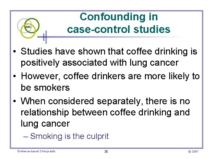 Confounding in case-control studies • Studies have shown that coffee drinking is positively associated