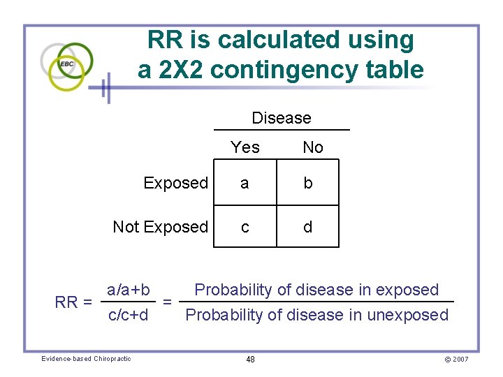 RR is calculated using a 2 X 2 contingency table Disease Yes No Exposed