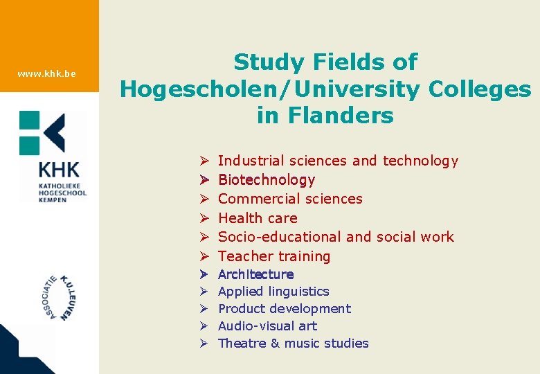 www. khk. be Study Fields of Hogescholen/University Colleges in Flanders Ø Ø Ø Industrial