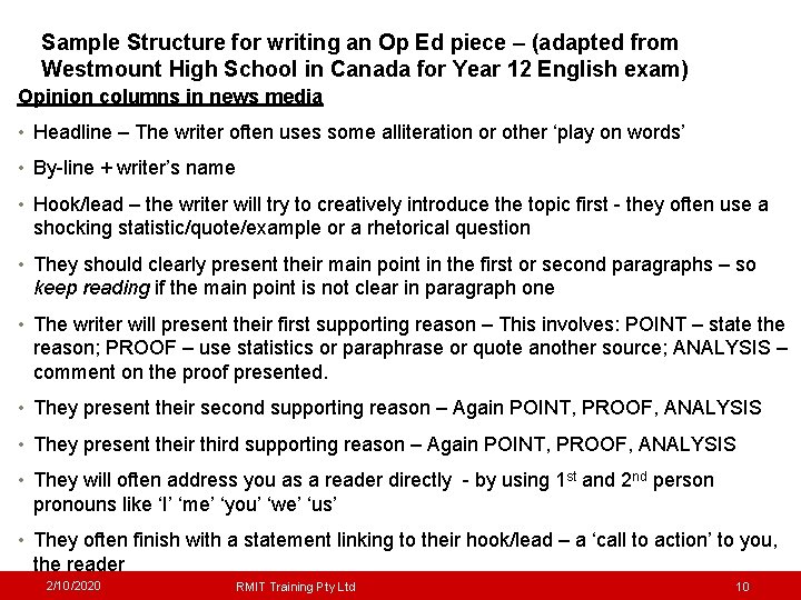Sample Structure for writing an Op Ed piece – (adapted from Westmount High School