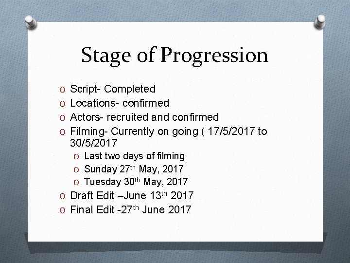 Stage of Progression O Script- Completed O Locations- confirmed O Actors- recruited and confirmed