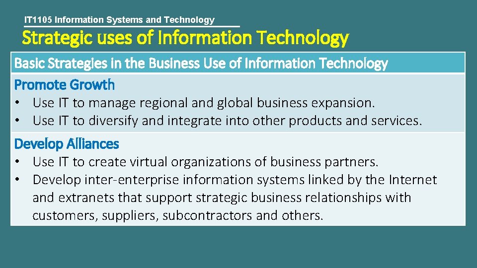 IT 1105 Information Systems and Technology Strategic uses of Information Technology Basic Strategies in