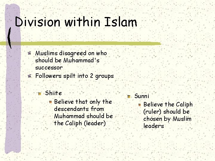 Division within Islam Muslims disagreed on who should be Muhammad's successor Followers spilt into