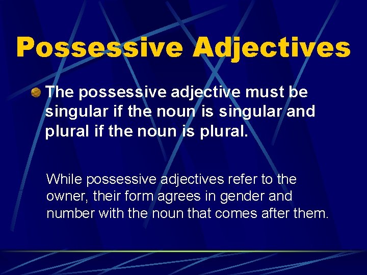 Possessive Adjectives The possessive adjective must be singular if the noun is singular and