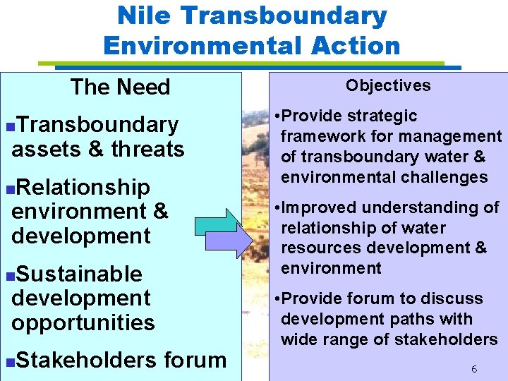 Nile Transboundary Environmental Action The Need Transboundary assets & threats n Relationship environment &