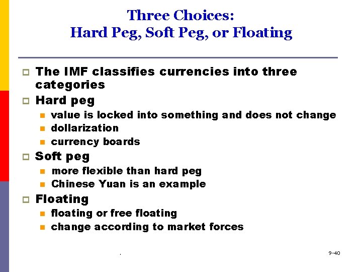 Three Choices: Hard Peg, Soft Peg, or Floating p p The IMF classifies currencies