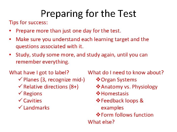 Preparing for the Test Tips for success: • Prepare more than just one day