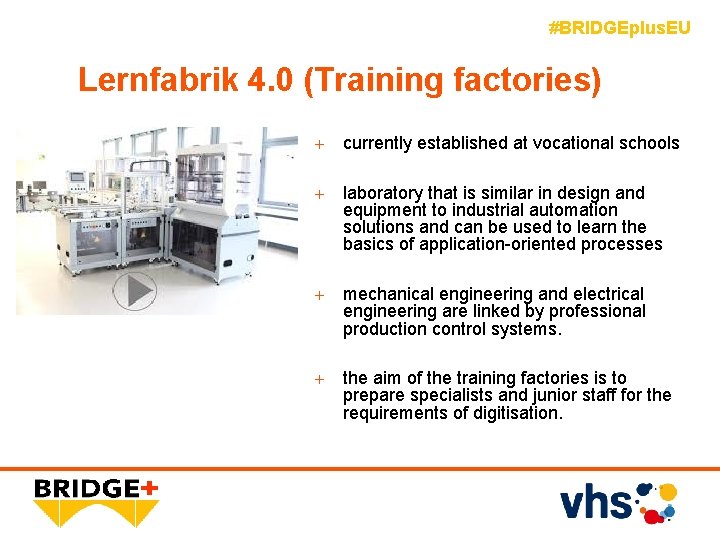 #BRIDGEplus. EU Lernfabrik 4. 0 (Training factories) + currently established at vocational schools +