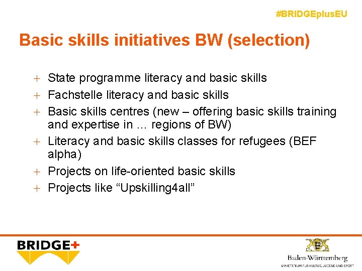 #BRIDGEplus. EU Basic skills initiatives BW (selection) + State programme literacy and basic skills