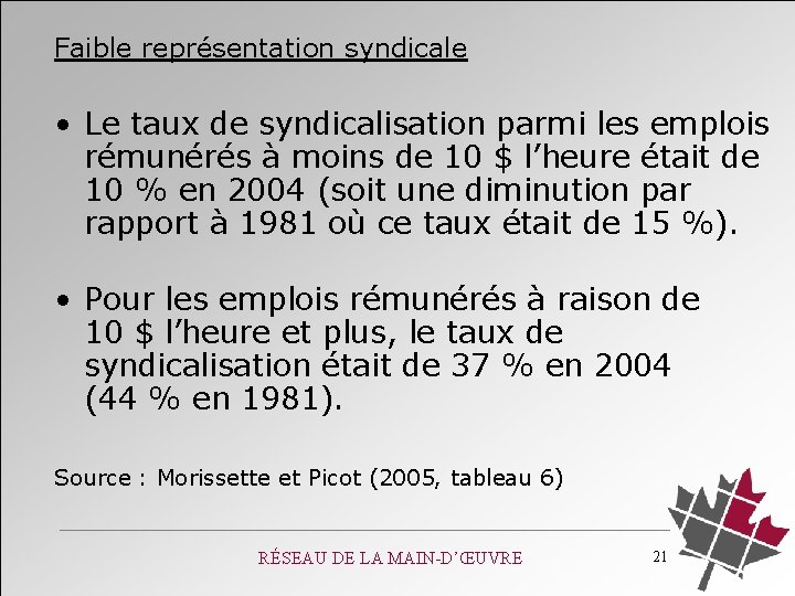 Faible représentation syndicale • Le taux de syndicalisation parmi les emplois rémunérés à moins