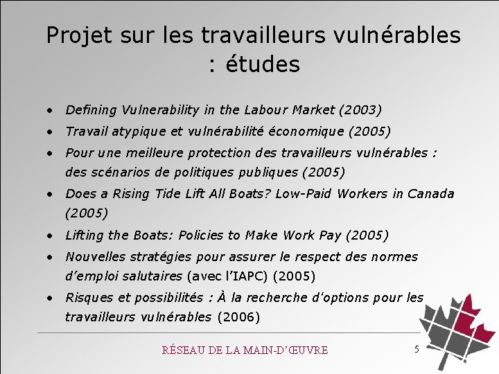 Projet sur les travailleurs vulnérables : études • Defining Vulnerability in the Labour Market