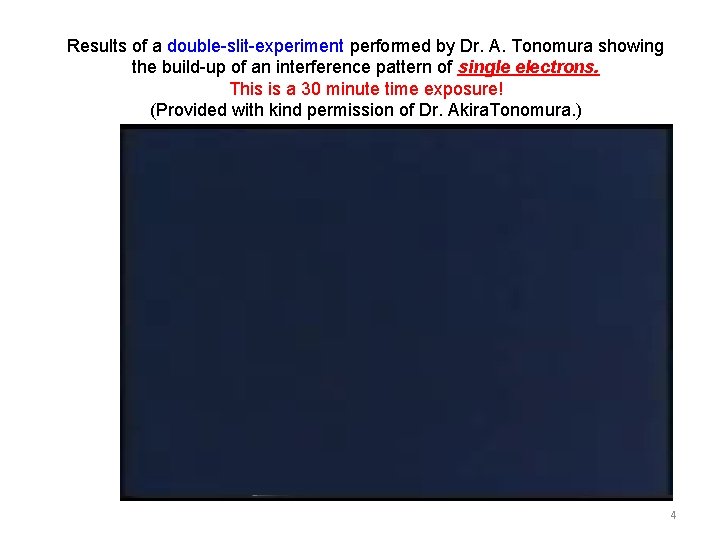 Results of a double-slit-experiment performed by Dr. A. Tonomura showing the build-up of an