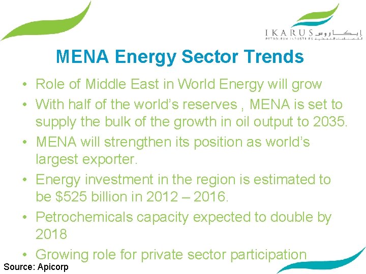 MENA Energy Sector Trends • Role of Middle East in World Energy will grow